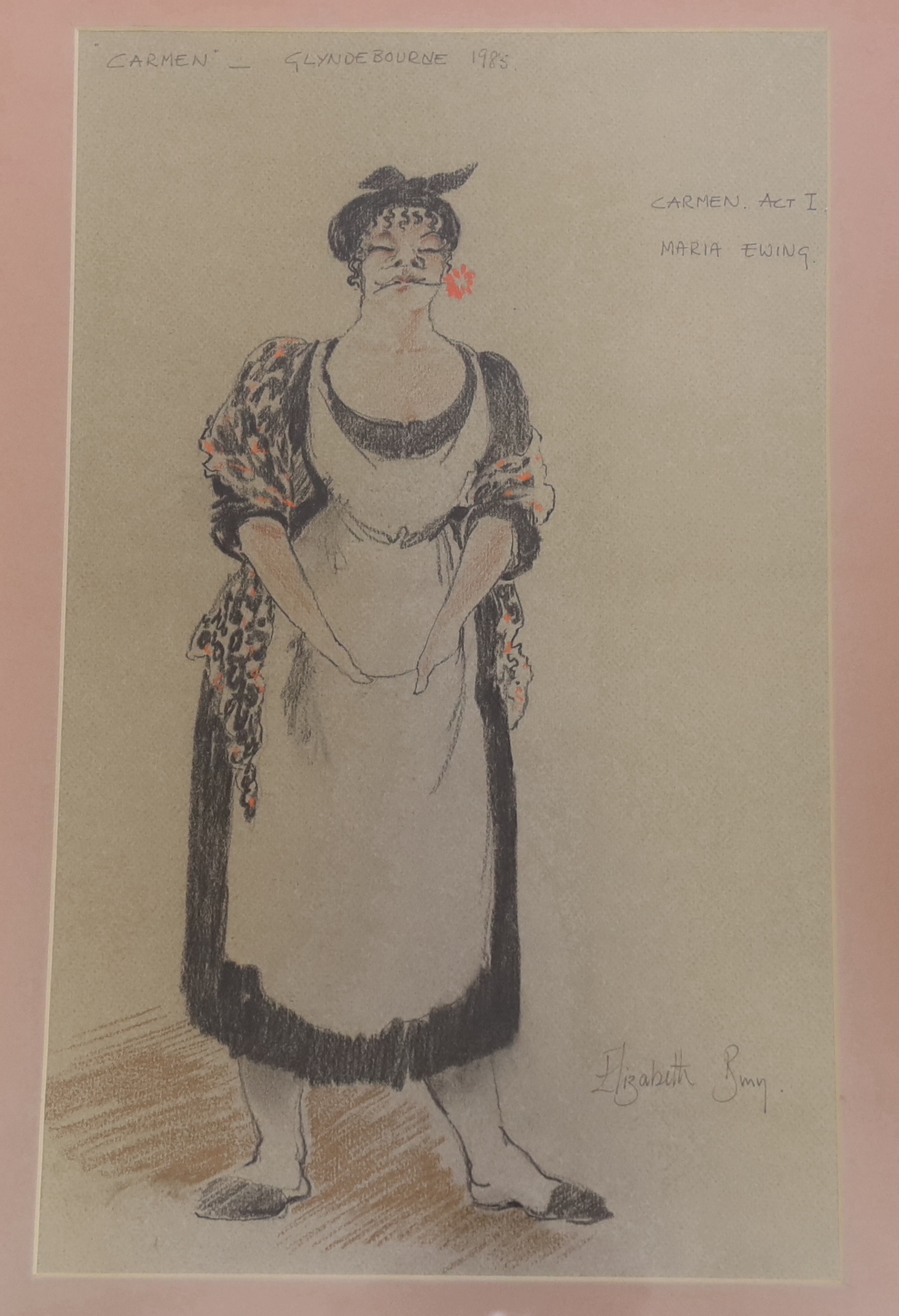 Three mixed media Glyndebourne theatrical costume designs, including Constanze by William Dudley, each with inscriptions, 49cm x 30cm